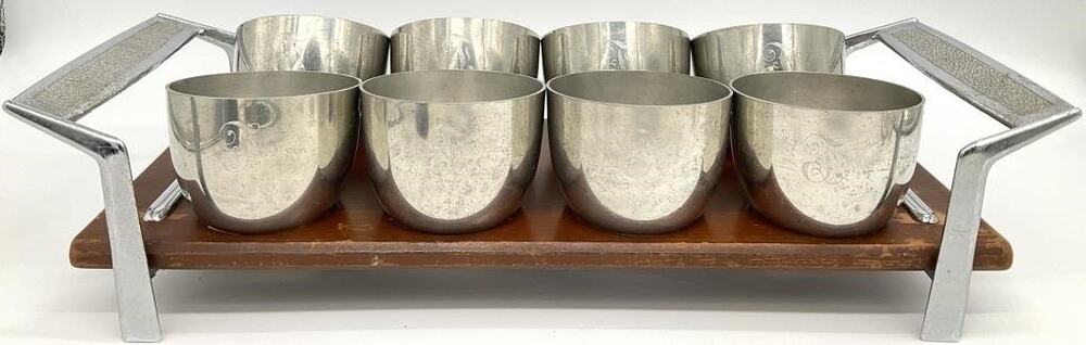 Vintage MCM Mid Century Set of 8 Pewter Jefferson Cups & Tray Web Pewter 1101